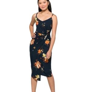 Nine Britton Vivienne Midi Dress Womens Navy Floral Excellent Twist Front Knit